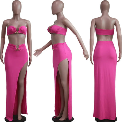 New Chic Gold Ring Bandeau Slit Skirt Two-Piece Set Womens Beautiful Off Shoulder Matching Skirt Set Nightclub Outfits Badiee Stylez