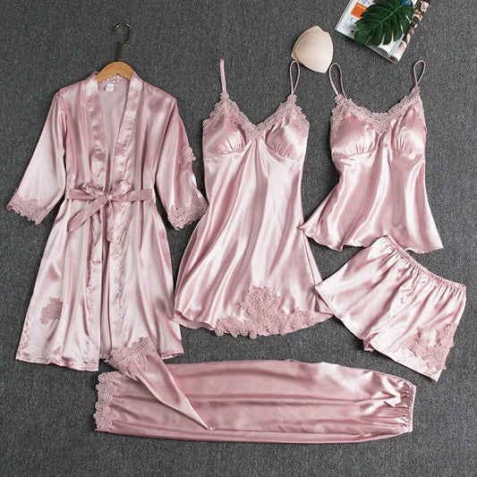 5PCS Women's Ice Silk Sexy Pajama Set Breathable Lace Satin Pajama Bathrobe Five Piece Set Casual Home Clothes Spring and Summer Pink