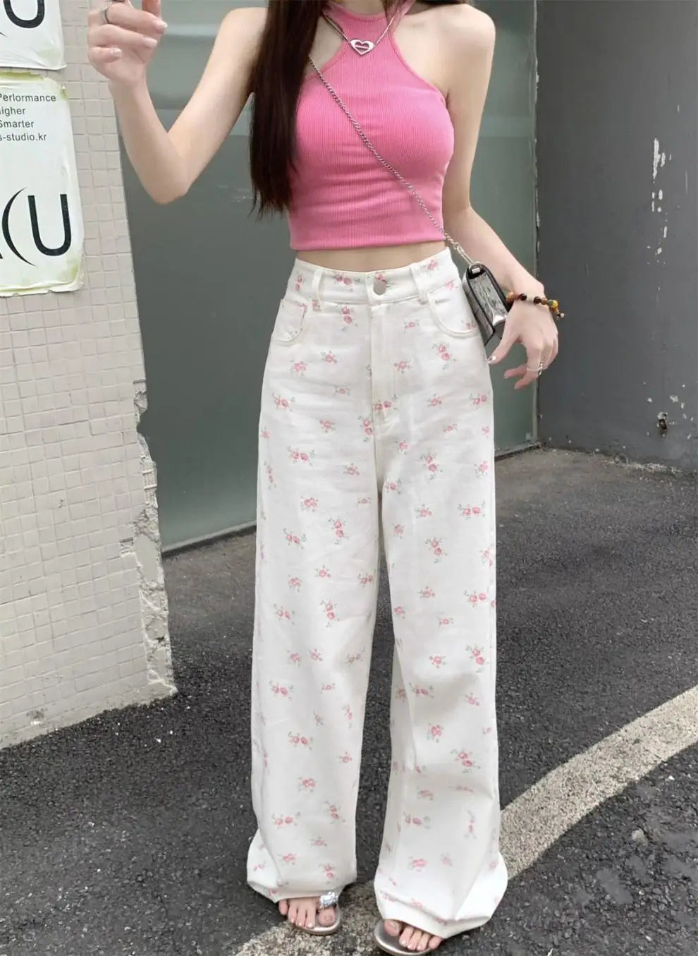 White floral straight jeans women's early autumn new thin loose high waist covered Joker slim casual wide-leg pants. jeans
