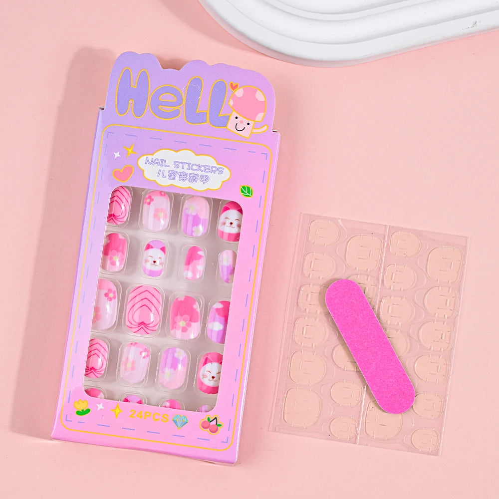 24Pcs Children Cartoon Nail Tips Colorful Cute Rabbit Pink Stars 6-14 Years old Girl Fake Nail With Jelly Glue Kids False Nail TC0001-2