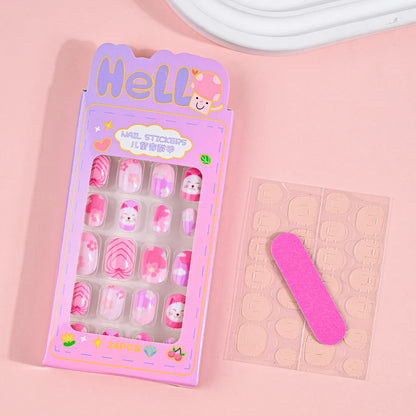 24Pcs Children Cartoon Nail Tips Colorful Cute Rabbit Pink Stars 6-14 Years old Girl Fake Nail With Jelly Glue Kids False Nail TC0001-2