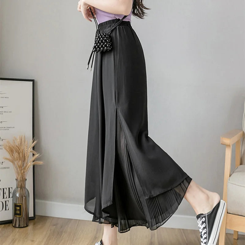 Women Pants Culottes Elastic Wide Leg Irregular Hem Double Layers Korean Trousers Summer Casual Loose Pleated Pants