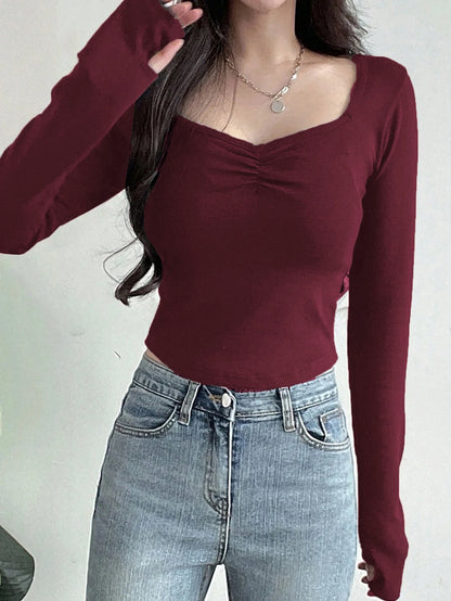 Women Long Sleeve Tops - Sexy Going Out Sweetheart V Neck Basic Shirts Tight Slim Fall Trendy Clothing