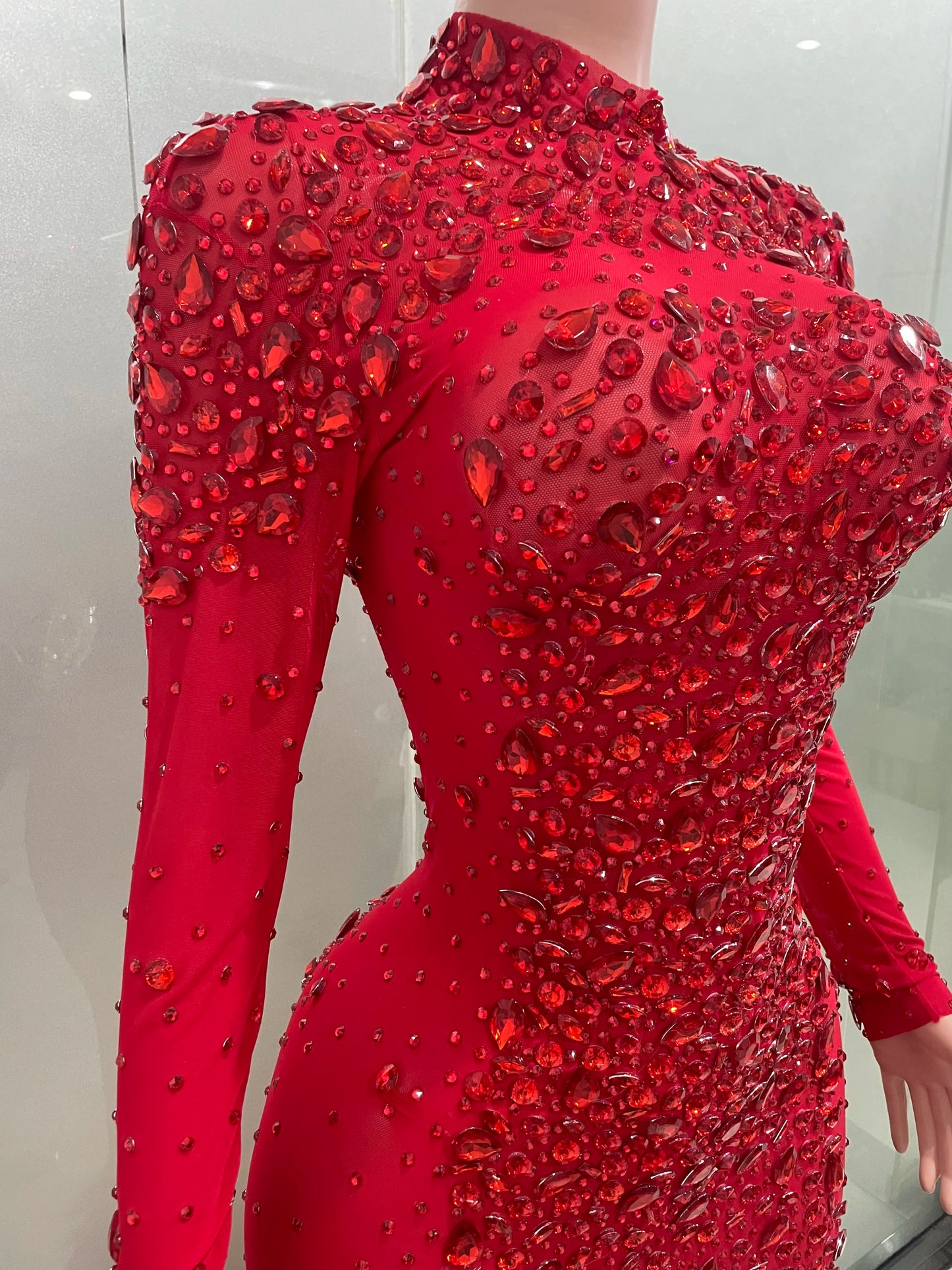 Luxury Sparkling Red Crystals Feathers Mermaid Long Sleeve Maxi Dress Women Formal Occasions Wedding Celebrate Party Prom Gown Badiee Stylez