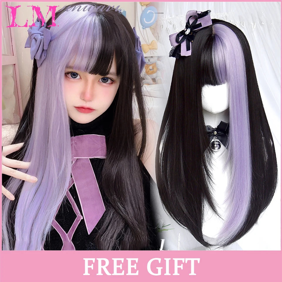 LM Long Silky Straight Synthetic Wigs with Bangs Black Cosplay Party Lolita Hair Wigs for Women Natural Heat Resistant Wig T1B 33