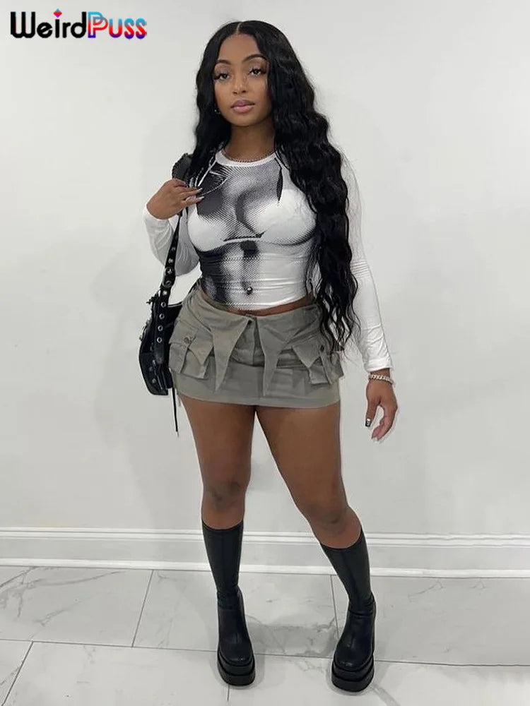 Weird Puss Sexy Print Women Crop Top Long Sleeve O Neck 2023 SpringTrend Skinny Wild Stretchy Vintage Midnight Streetwear Tees