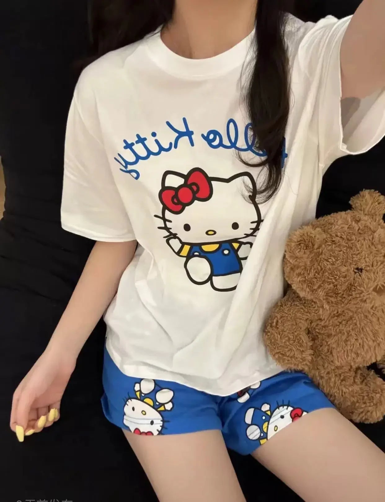 Hello Kitty Summer White & Blue Pajama Set Women's Short Sleeve Shorts with Lace Accents Soft Breathable Loungewear Home Comfort