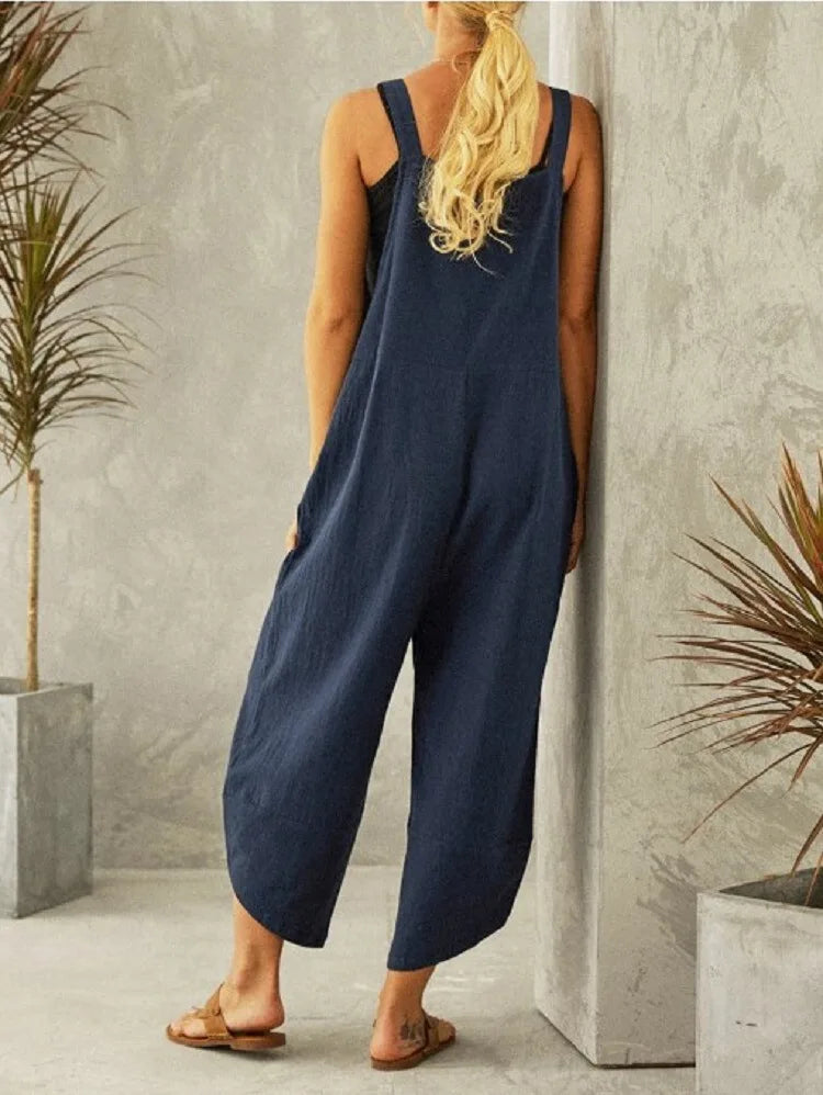 Women Loose Wide Leg Overalls Summer Adjustable Solid Color Cotton Linen Baggy Full Trousers Female Jumpsuits Oversized