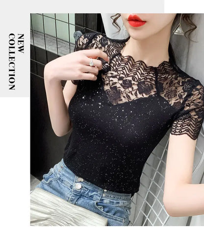 Summer Women Tops Patchwork Bright silk Mesh T shirt Pathcwork Short Sleeve Lace Shirt