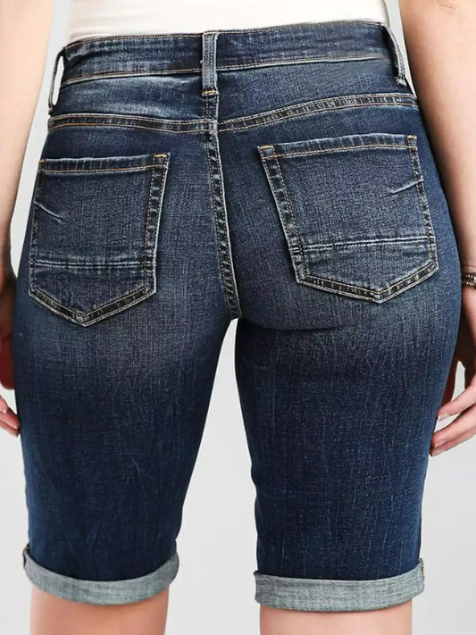 New Dark flanged Denim shorts, women's, solid color, elastic, slim, slimming, all-match, comfortable Denim shorts. - Badiee Stylez