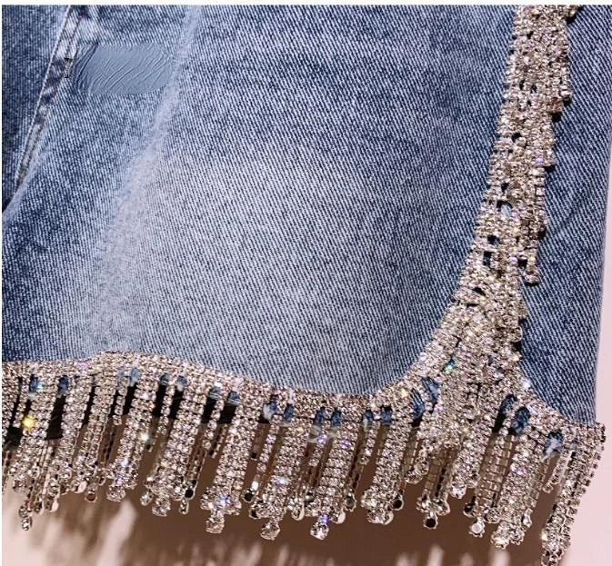 Sexy Wimen Rhinestones Fringed High Waist Hot Drilling Denim Shorts Diamonds Tassels Jeans Hot Pants Chic Crystal Short Trousers