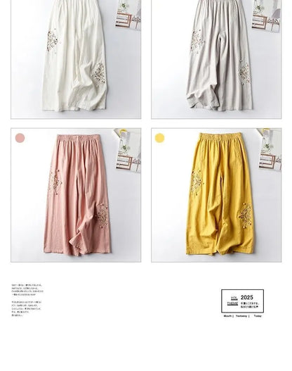 Summer Cotton Linen Cropped Pants Women Casual Thin Vintage Ethnic Bottom Embroidered Wide Leg Pants Woman Clothes Trousers
