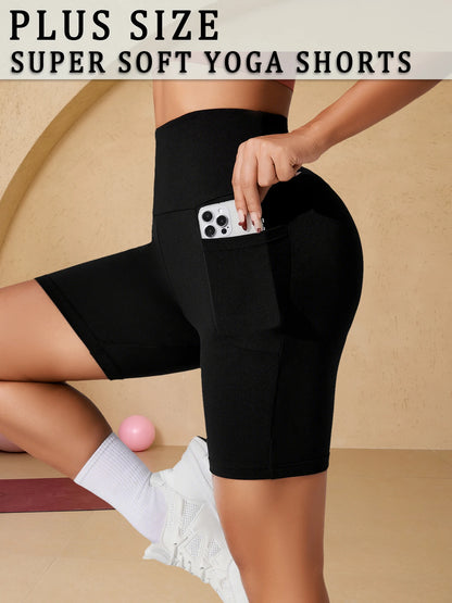 Plus Size High Waisted Biker Shorts For Women With Pockets Super Soft Tummy Control No See Through Workout Running Yoga Badiee Stylez