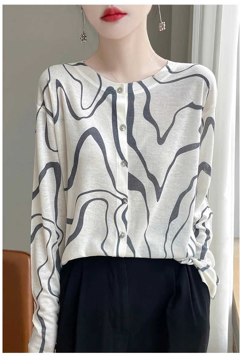 Spring And Summer New Lyocell Water-Soluble Wool Blended Round Neck Knit Cardigan Long Sleeve Feminine Sweater Printed Top