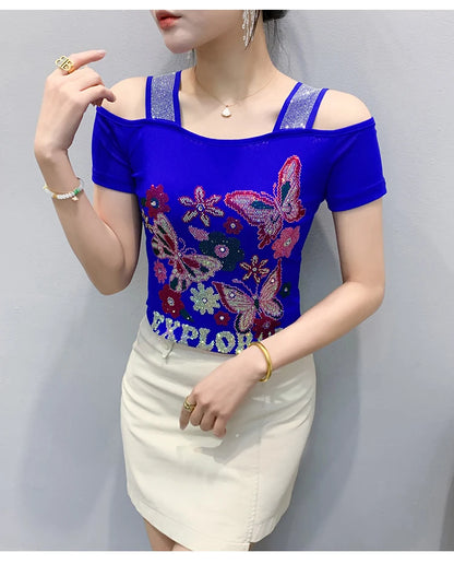 New Arrival Summer European Clothes Women's T-Shirts Chic Luxury Butterfly Hot Diamonds Tees Sexy Girl Slim Streetwear Tops