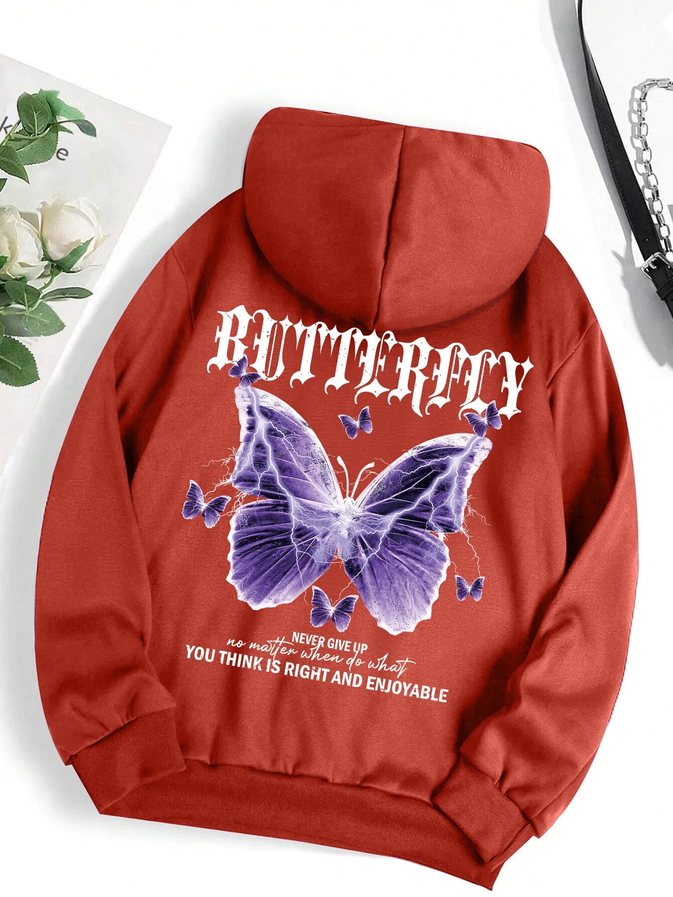 Beautiful Purple Butterfly Printing Hoodies Women Fleece Pocket Hoody Simple Casual Hoodie Autumn Loose Female Streetwear Brick Red