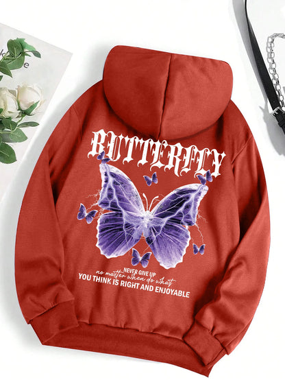 Beautiful Purple Butterfly Printing Hoodies Women Fleece Pocket Hoody Simple Casual Hoodie Autumn Loose Female Streetwear Brick Red