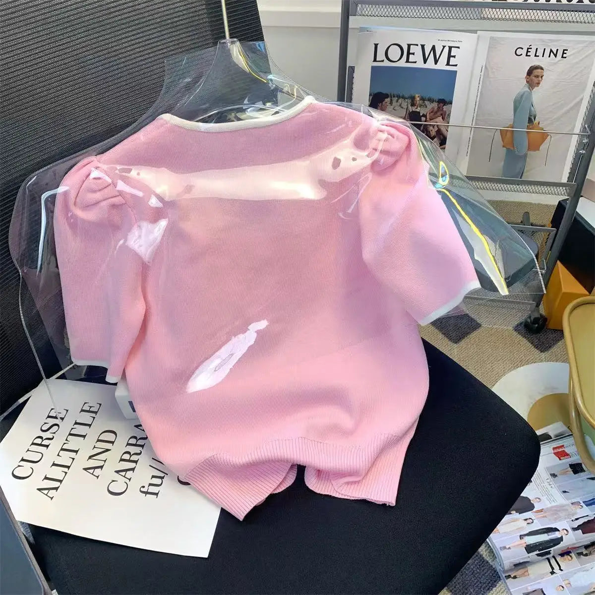 Femme Temperament All-match Patchwork Buttons Square Collar Knitting Top Tee Spring Summer Fashion Loose Short Sleeve T-Shirts