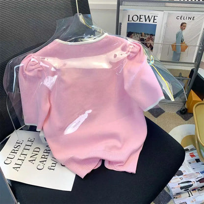 Femme Temperament All-match Patchwork Buttons Square Collar Knitting Top Tee Spring Summer Fashion Loose Short Sleeve T-Shirts