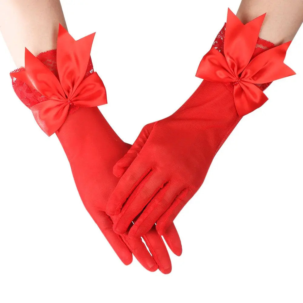 Fashion Bride Bow Lace Chiffon Gloves Women White Gloves Sunscreen Driving Gloves Marriage Party Accessories red