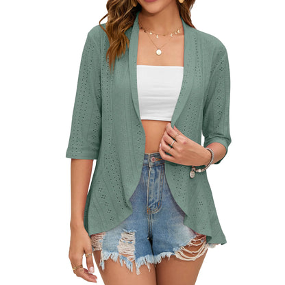 2024 Summer Fashion Ladies Hollow Out Cardigan Boho Tops Women Beach Outwear Casual Three Quarter Sleeve Sunscreen Shirt Green