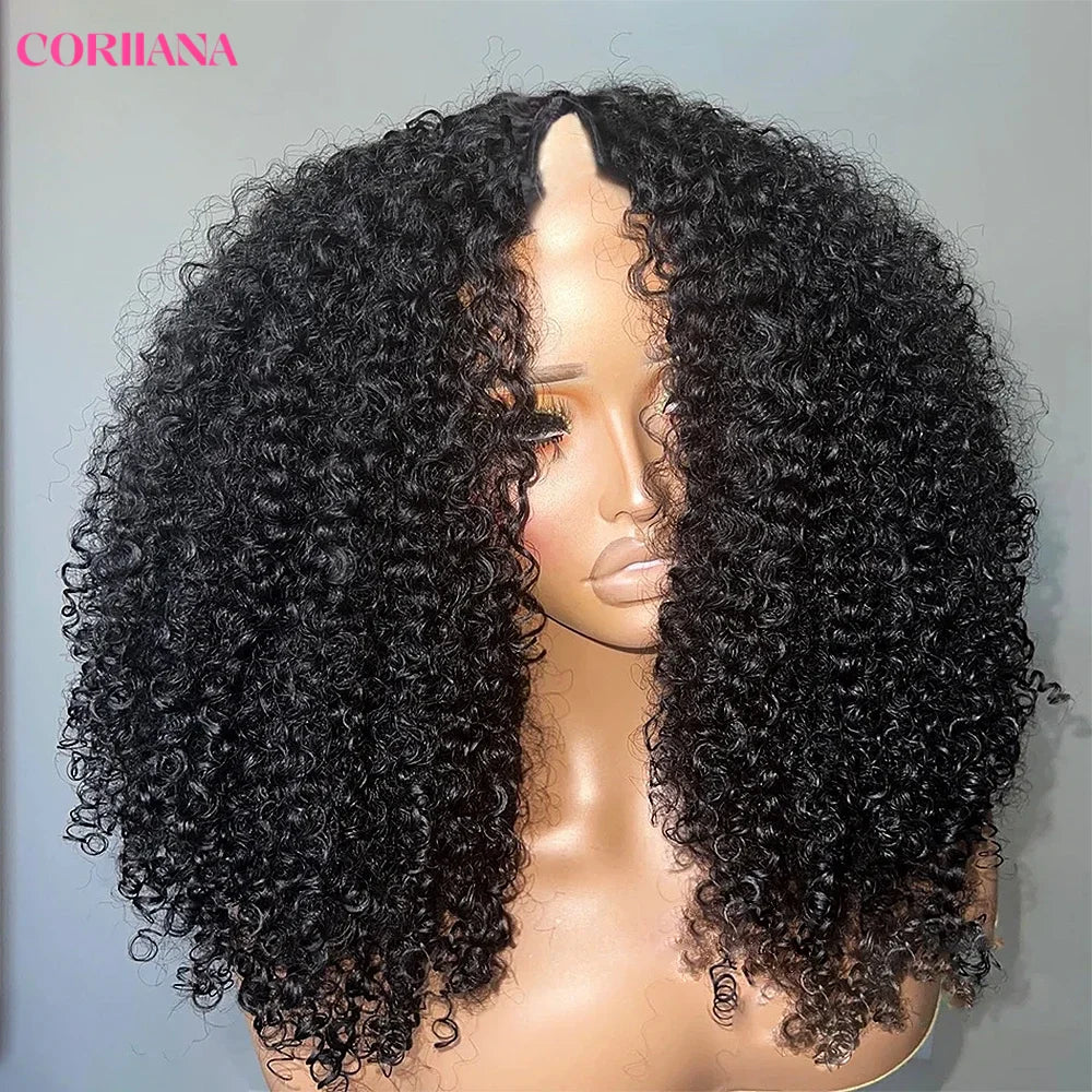250% Kinky Curly V Part Wig Human Hair No Leave Out Upgrade Deep Wave Curly V Shape Wig No Glue Clip In Half Wig For Women V Part Wig