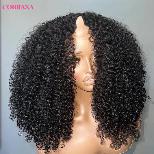 250% Kinky Curly V Part Wig Human Hair No Leave Out Upgrade Deep Wave Curly V Shape Wig No Glue Clip In Half Wig For Women V Part Wig