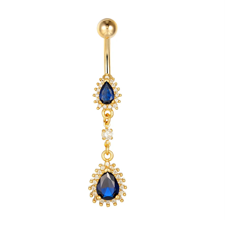 Luxury Blue Zircon Water Drop Belly Button Ring for Women Crystal Dangle Navel Piercing 14G Surgical Steel Barbell Body Jewelry