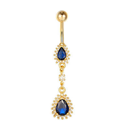 Luxury Blue Zircon Water Drop Belly Button Ring for Women Crystal Dangle Navel Piercing 14G Surgical Steel Barbell Body Jewelry