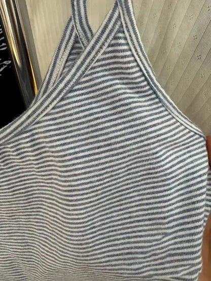 Blue Striped Tank Shorts Pajama Set Women Summer Sleeveless Crop Top+Elastic Waist Straight Short Pant Cotton Home 2 Piece Sets