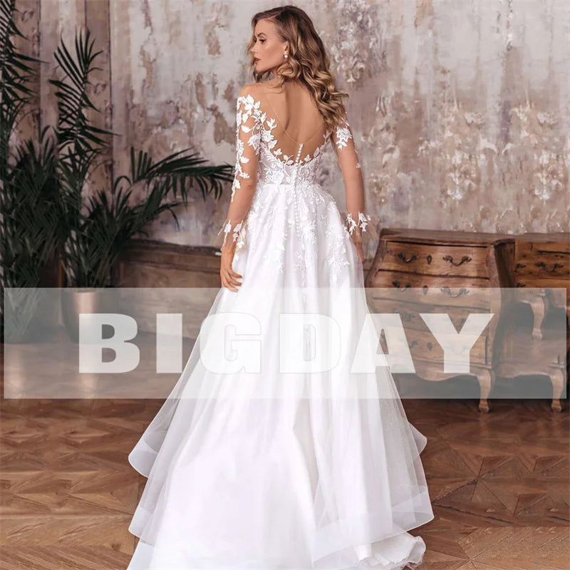 Elegant A-Line Wedding Dress Women Open Back V-Neck Lace Long Sleeve Side Split Tulle Bridal Gown Vestidos De Noiva Customized Badiee Stylez