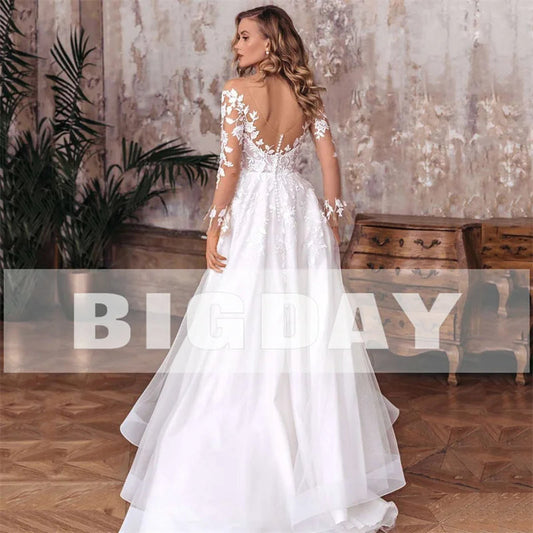 Elegant A-Line Wedding Dress Women Open Back V-Neck Lace Long Sleeve Side Split Tulle Bridal Gown Vestidos De Noiva Customized Badiee Stylez
