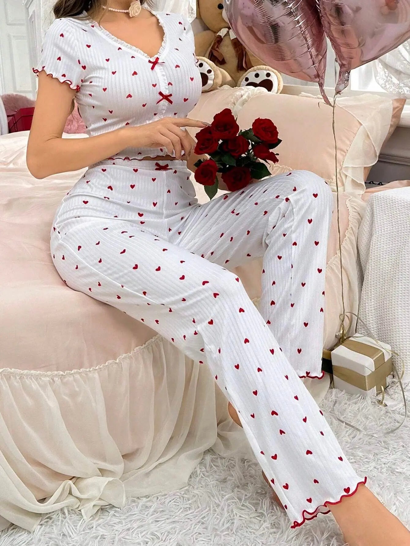 Heart Print Ribbed Frill Trim Pajama Set for Women Sleepwear Knitted V-Neck Loose Tops Elastic Long Pants Autumn Winter Wear
