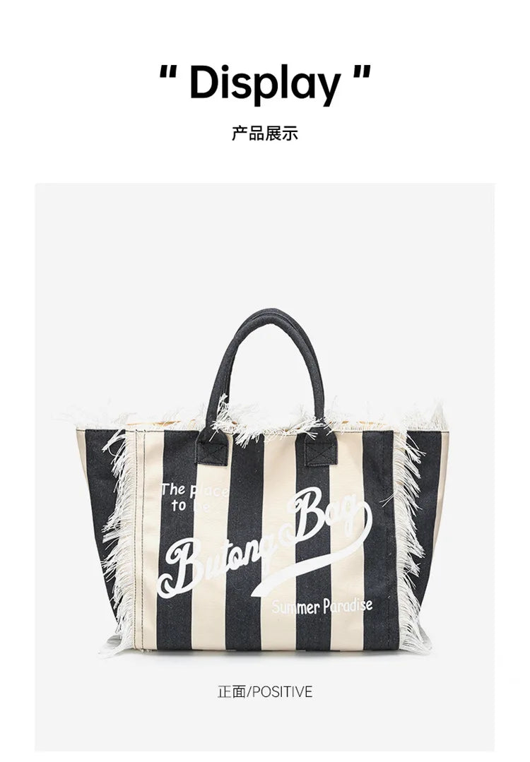 European and American Letters Tassel Canvas Bag Arge Capacity Handbags Travel Women Beach Tote Bag Fashion Casual Shopping Bags