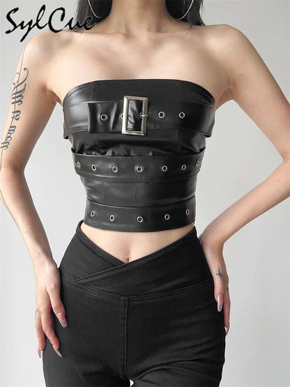 Sylcue Classic Retro Matte Black Mysterious Sexy All-Match Personality Fashionable Summer Travel Cool Women Belt Chest Wrap Vest