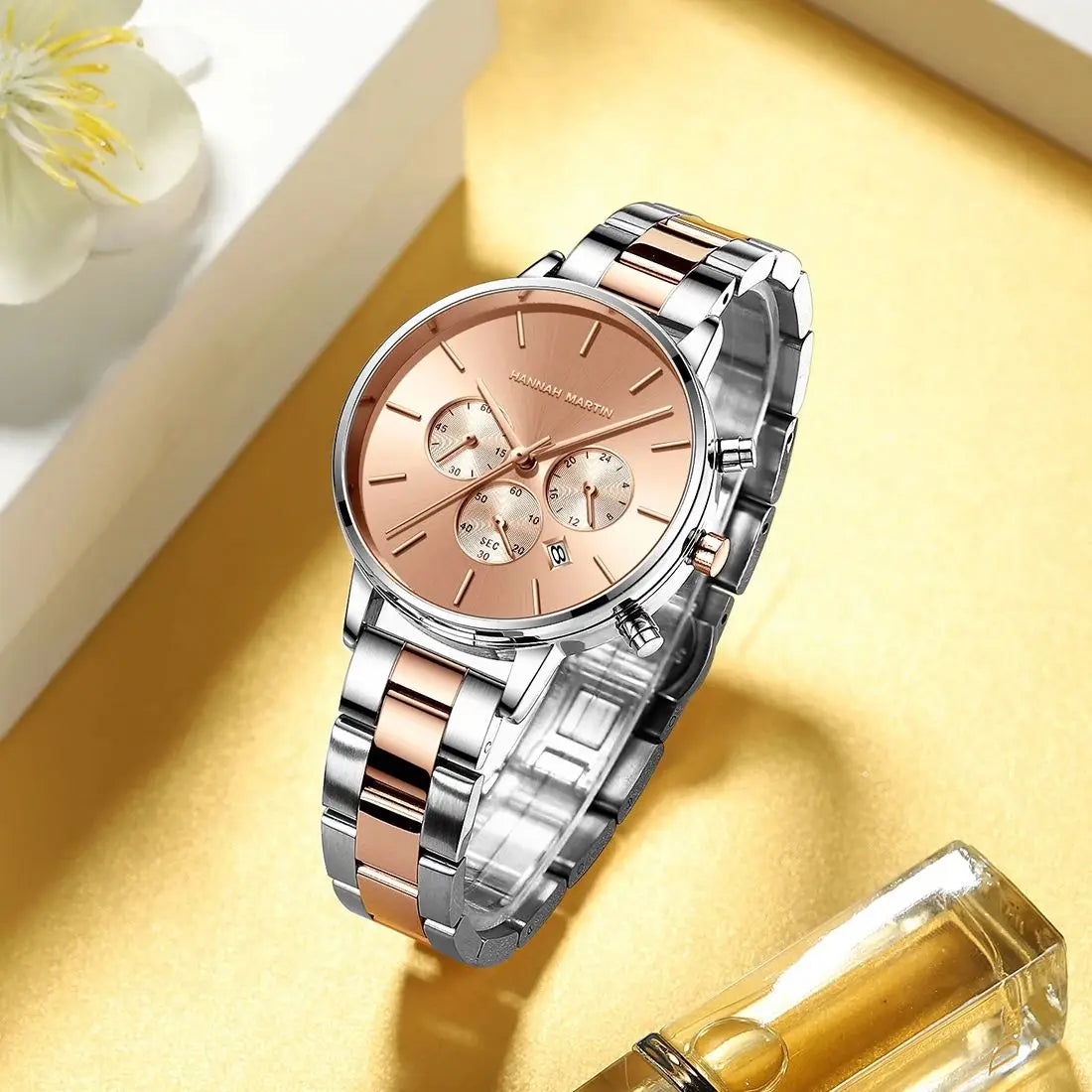 HANNAH MARTIN Brand Women Multifunctional Watch Original Stainless Steel Rose Gold 36mm Quartz Movement Casual Banquet Wristatch