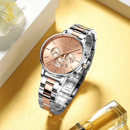 HANNAH MARTIN Brand Women Multifunctional Watch Original Stainless Steel Rose Gold 36mm Quartz Movement Casual Banquet Wristatch