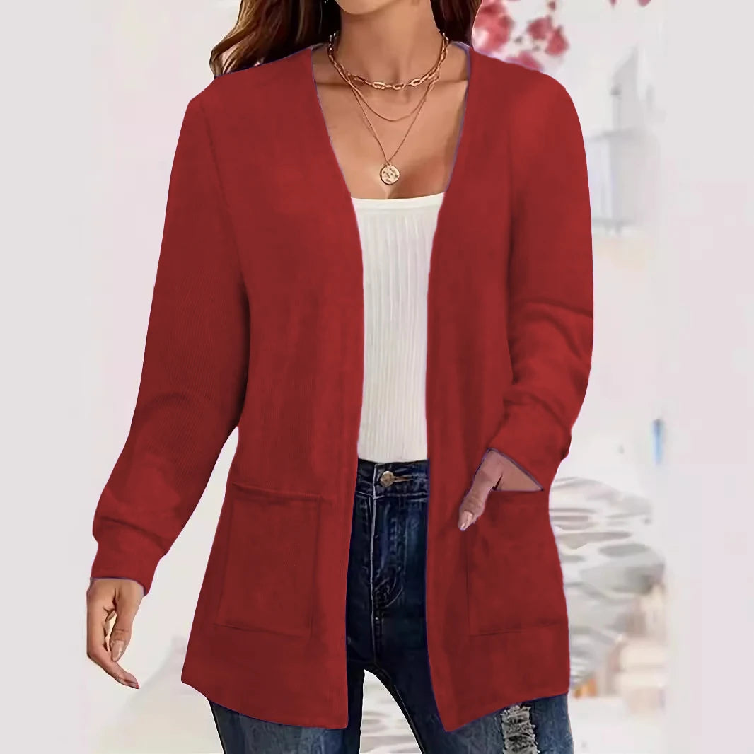 Autumn chic casual solid color pocket thin plus size women's jacket cardigan Red