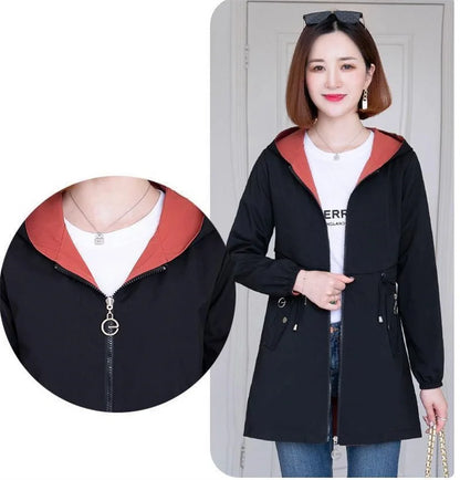 Double-Sided Trench Coat Women 2023New Fashion Spring Autumn Clothes Hooded Mid-Length Windbreakers Female Outerwear Casual Tops