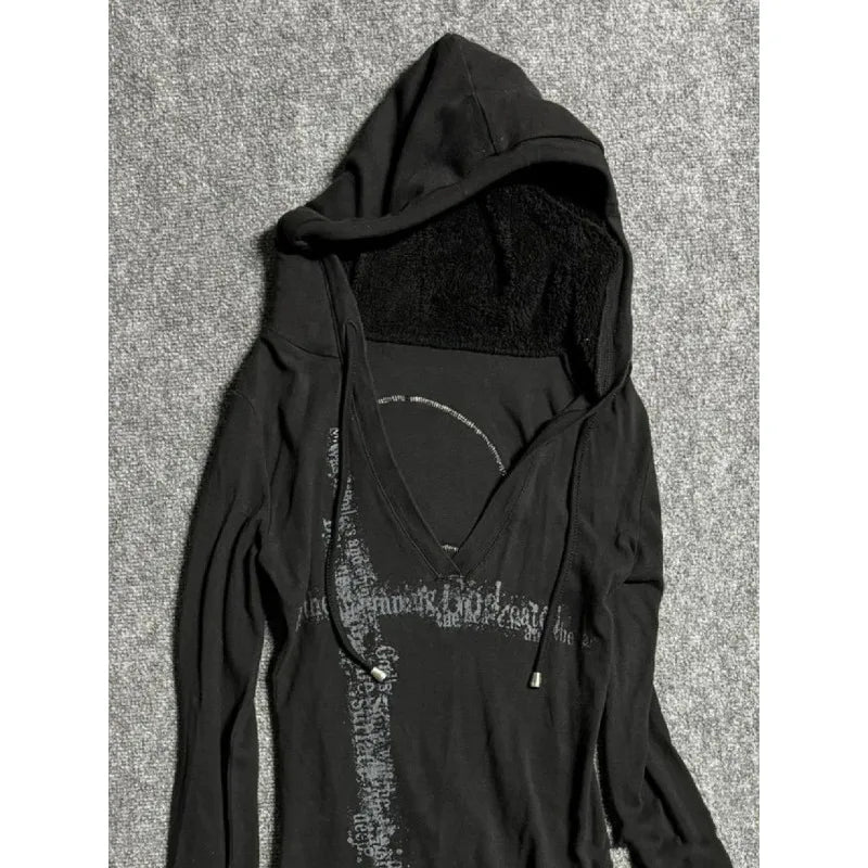 Deeptown Y2k Black Vintage Printed Hoodies Women V Neck Long Sleeve American Fashion Hooded Sweatshirt Streetwear Hip Hop Spring