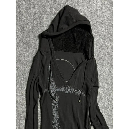 Deeptown Y2k Black Vintage Printed Hoodies Women V Neck Long Sleeve American Fashion Hooded Sweatshirt Streetwear Hip Hop Spring