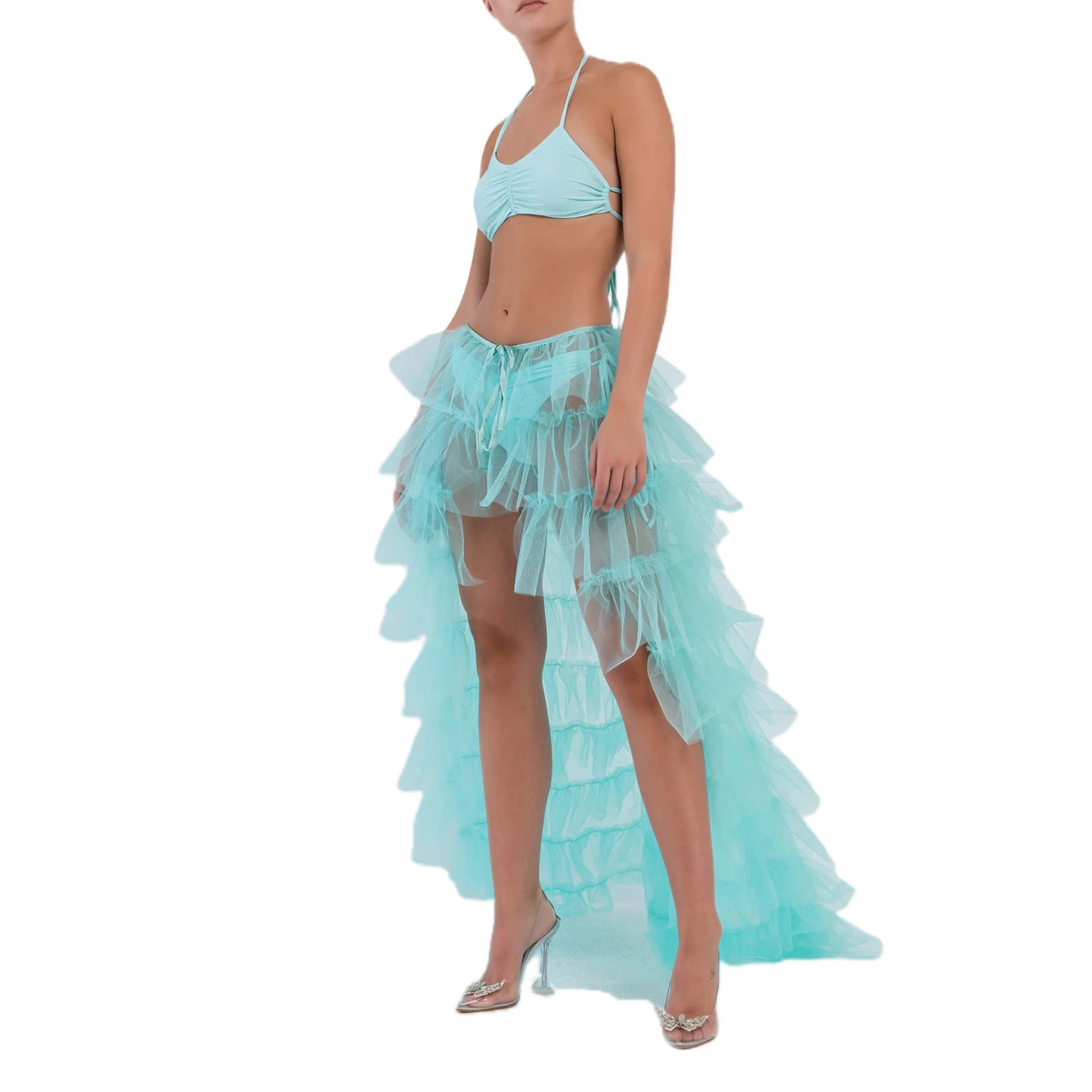 Puloru Tied-Up Mesh Tulle Long Skirts Elegant Party Wedding Wear for Women Solid Color Irregular Floor-Length Layered Skirts SKY BLUE One Size