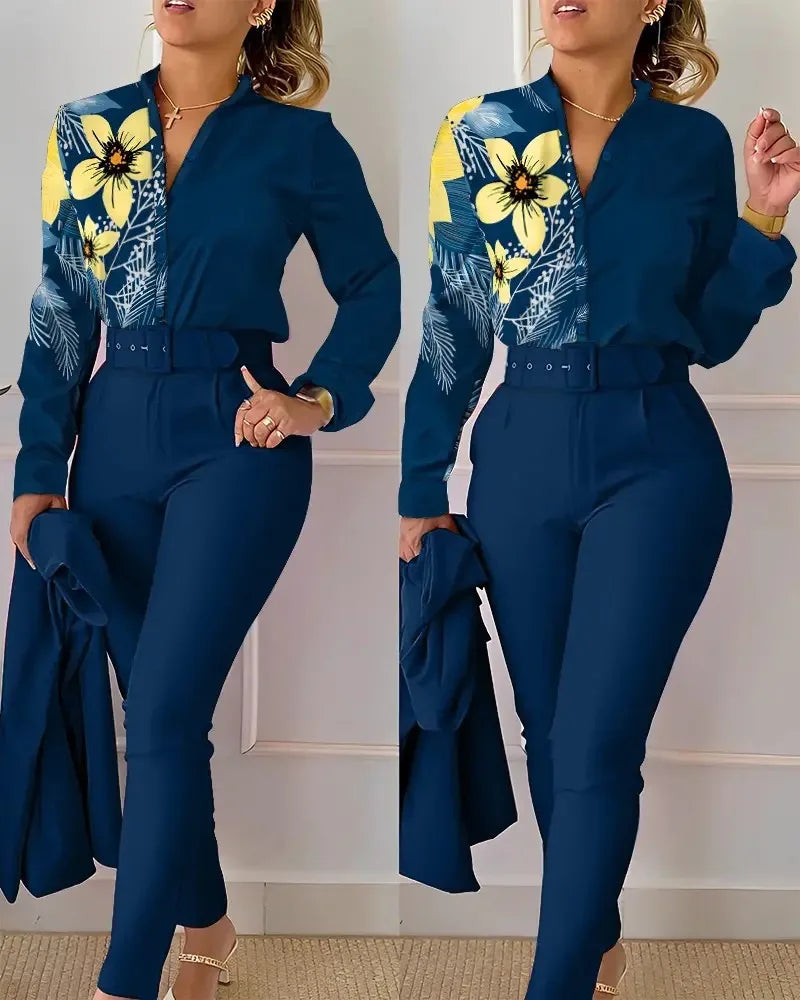 Women's Shirt 2 Pieces Suit Set 2024 Fall Print V Neck Long Sleeve Top Casual High Waist Pockets Work Female Clothes Pants Set