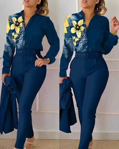 Women's Shirt 2 Pieces Suit Set 2024 Fall Print V Neck Long Sleeve Top Casual High Waist Pockets Work Female Clothes Pants Set