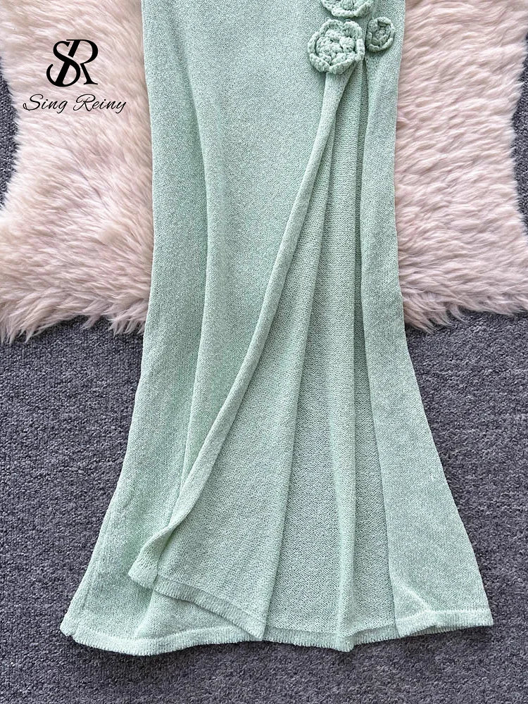 SINGREINY Halter 3D Floral Maxi Sundress Women Sleeveless Bodycon Elastic Beach Dress Vacation Knitted Split Sexy Long Dress