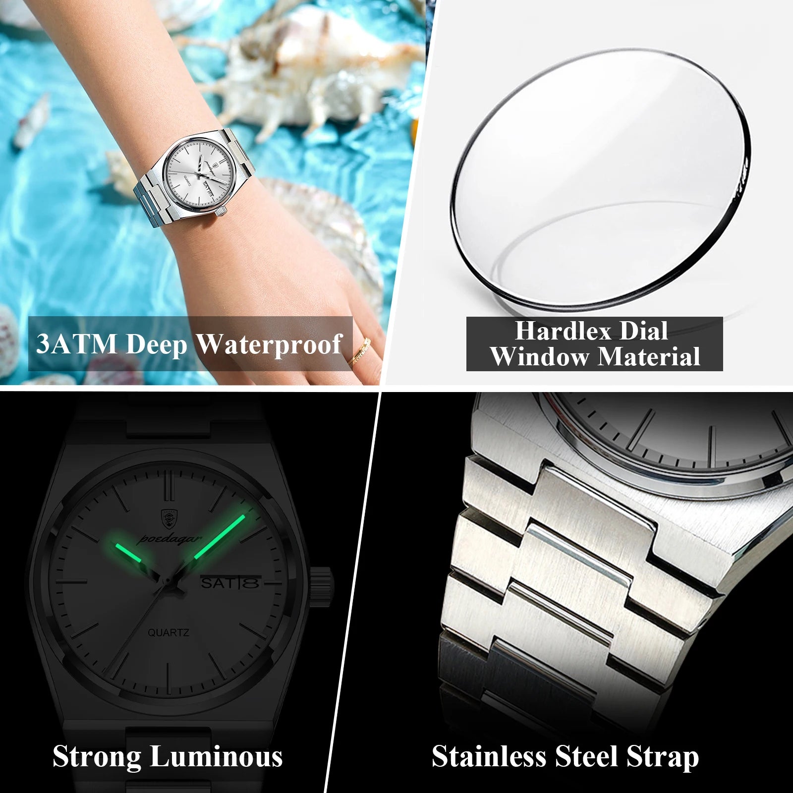 POEDAGAR Original New Woman Watch Stainless Steel Waterproof Luminous Ladies Wristwatch Date Week Elegant Quartz Women's Watches