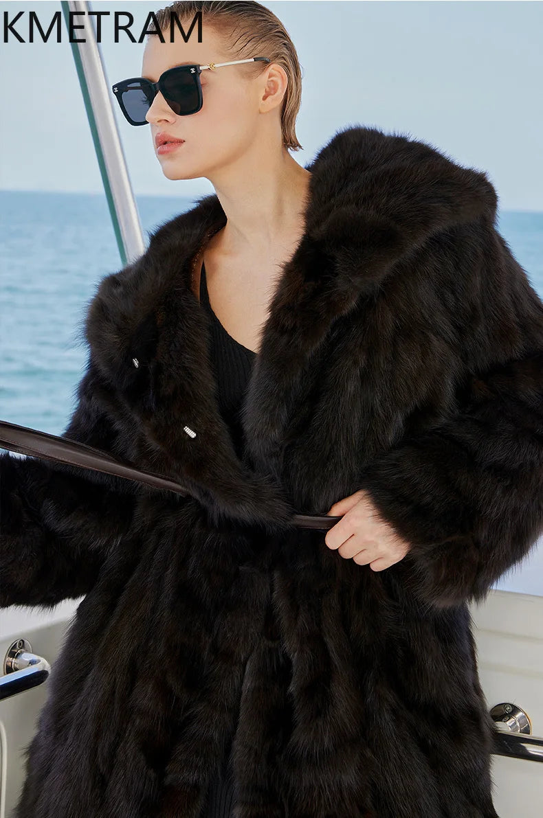 100% Natural Sable Fur Jacket Woman High Quality Long Real Fur Coat with Hood Winter Coats Women Clothing 2025 шуба женская Badiee Stylez