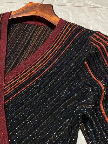 QMQA Fashion Women's Gradient Stripes Design Dresses V Neck High Waist Long Sleeve Elegant Party Dress Female Spring New 1A116 Badiee Stylez