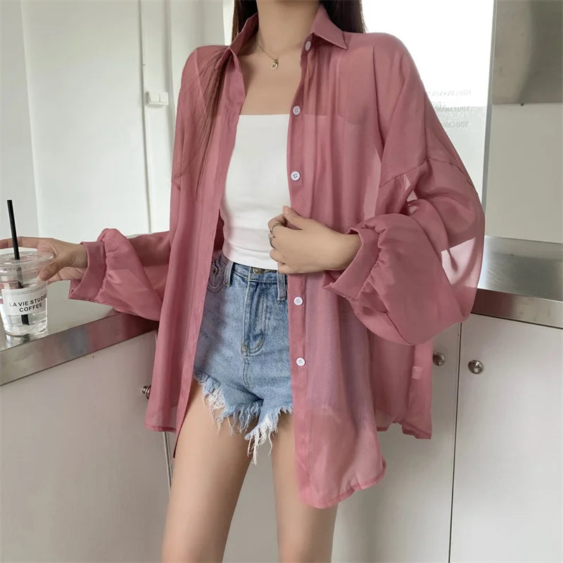Semi Sheer Long Sleeve Shirt for Women Shimmer Button Down Collared Plain Lightweight Shirt Spring Summer Chic Tops Outfit Rose Red One Size