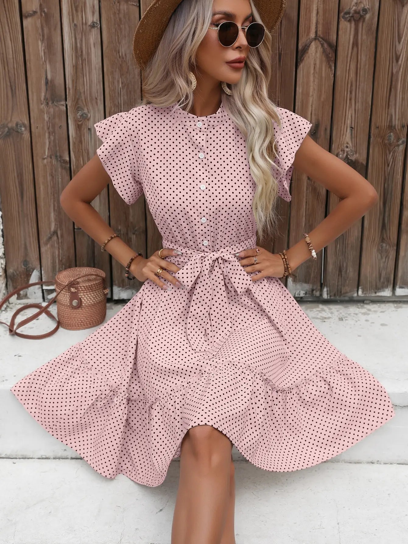 European and American women's polka dot printed butterfly sleeves with ruffled edges and wide pine hem waistband dress Badiee Stylez